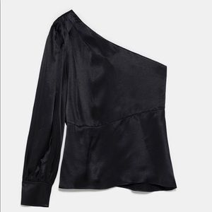 Zara Asymmetric Black Satin Blouse